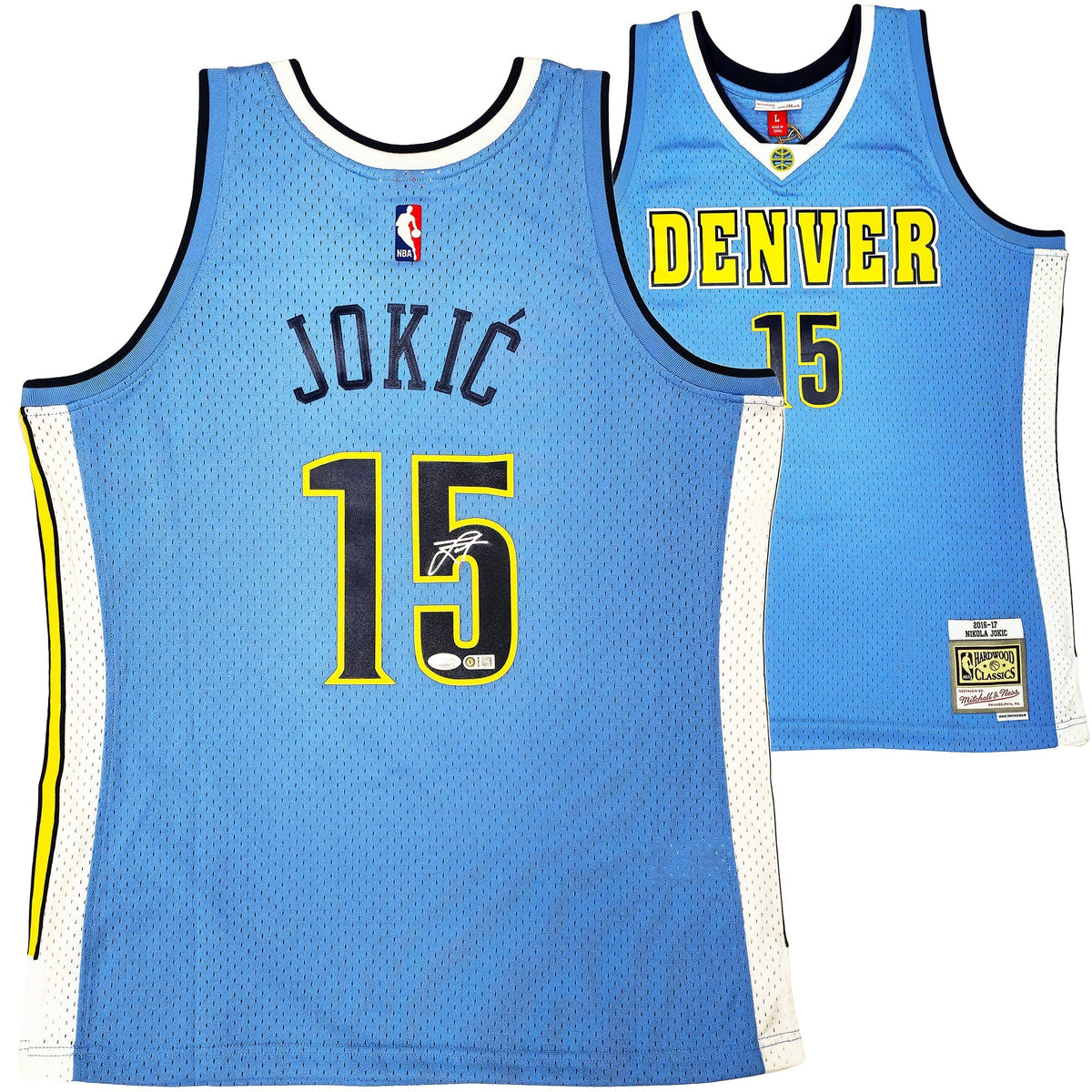 Denver Nuggets Nikola Jokic Autographed Blue Authentic Mitchell & Ness 2016 HWC Swingman Rookie Year Jersey Size L JSA