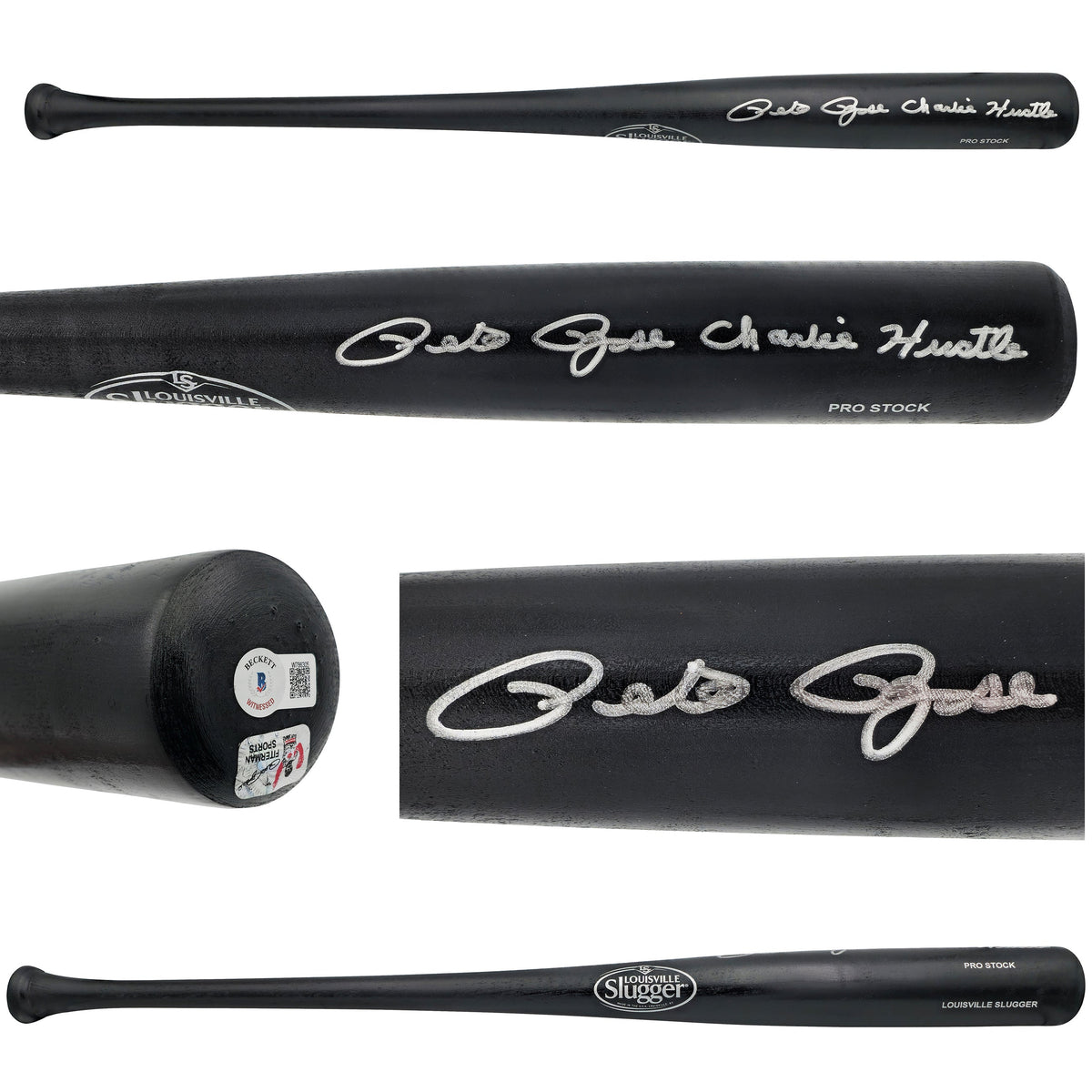 Pete Rose Autographed Black Louisville Slugger Pro Stock Baseball Bat Cincinnati Reds "Charlie Hustle" Beckett BAS Witness