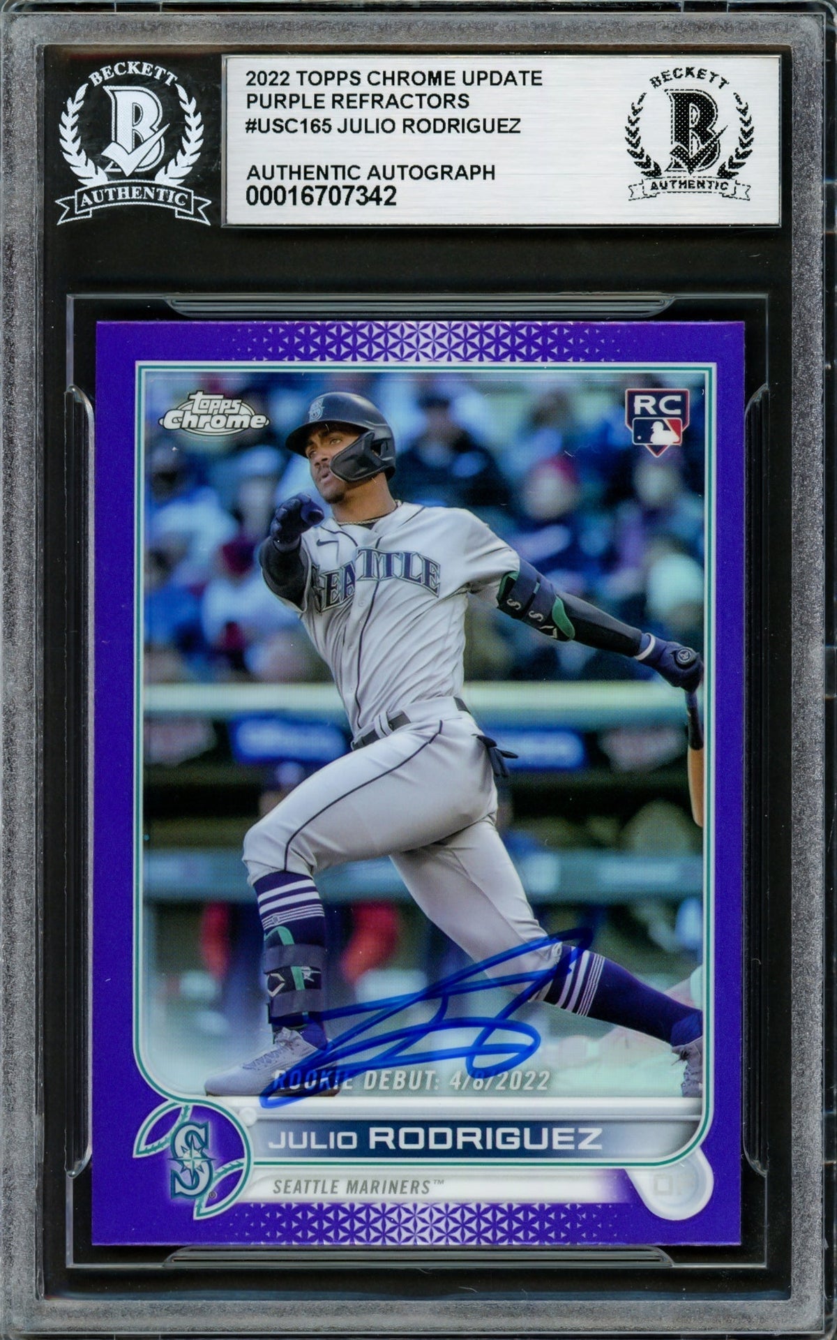 Julio Rodriguez Autographed 2022 Topps Chrome Update Purple Refractors Rookie Card #USC165 Seattle Mariners Beckett BAS