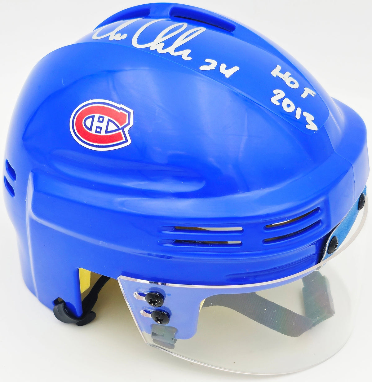 Chris Chelios Autographed Montreal Canadiens Blue Mini Helmet "HOF 2013" Beckett BAS Witness