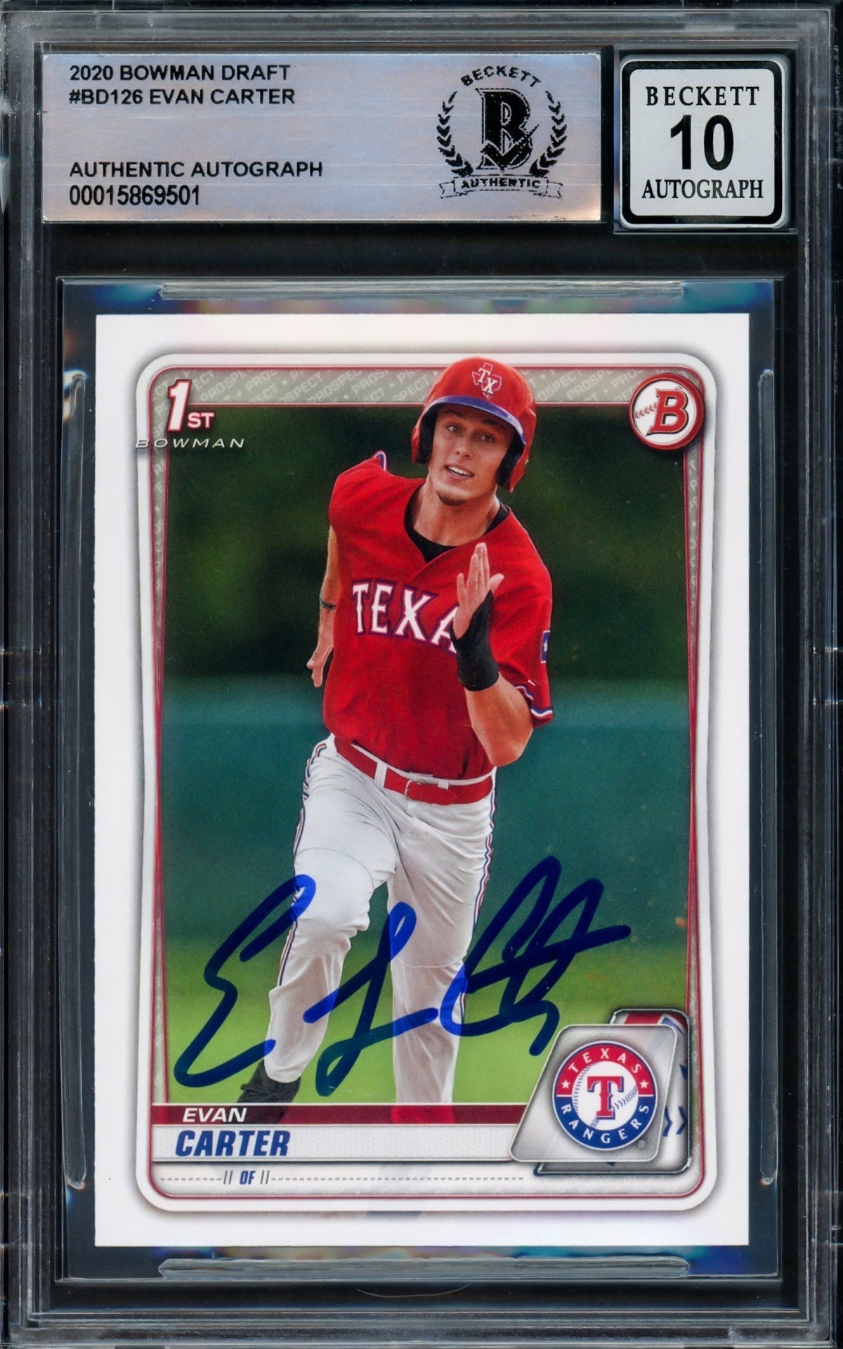Evan Carter Autographed 2020 Bowman Draft Rookie Card #BD-126 Texas Rangers Auto Grade Gem Mint 10 Full Name Beckett BAS Stock #218640