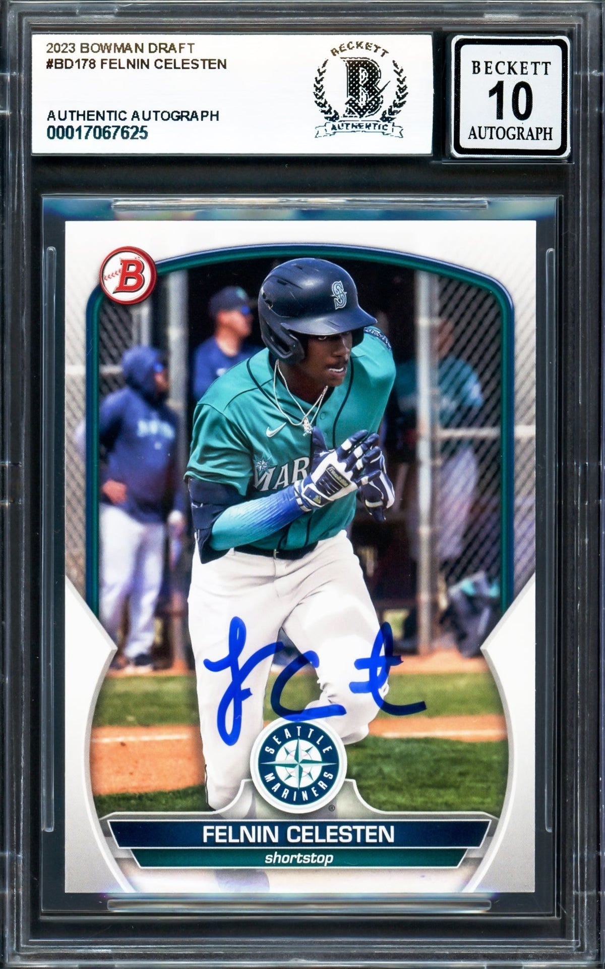 Felnin Celesten Autographed 2023 Bowman Draft Rookie Card #BD178 Seattle Mariners Auto Grade Gem Mint 10 Beckett BAS