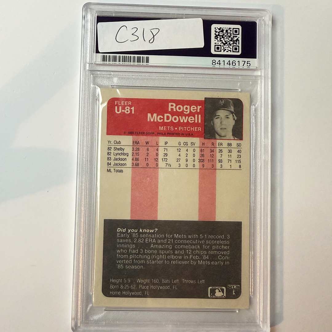 Roger McDowell Signed 1985 FleerUpdate Rookie #U81 1986 World Champs PSA Auto Auth