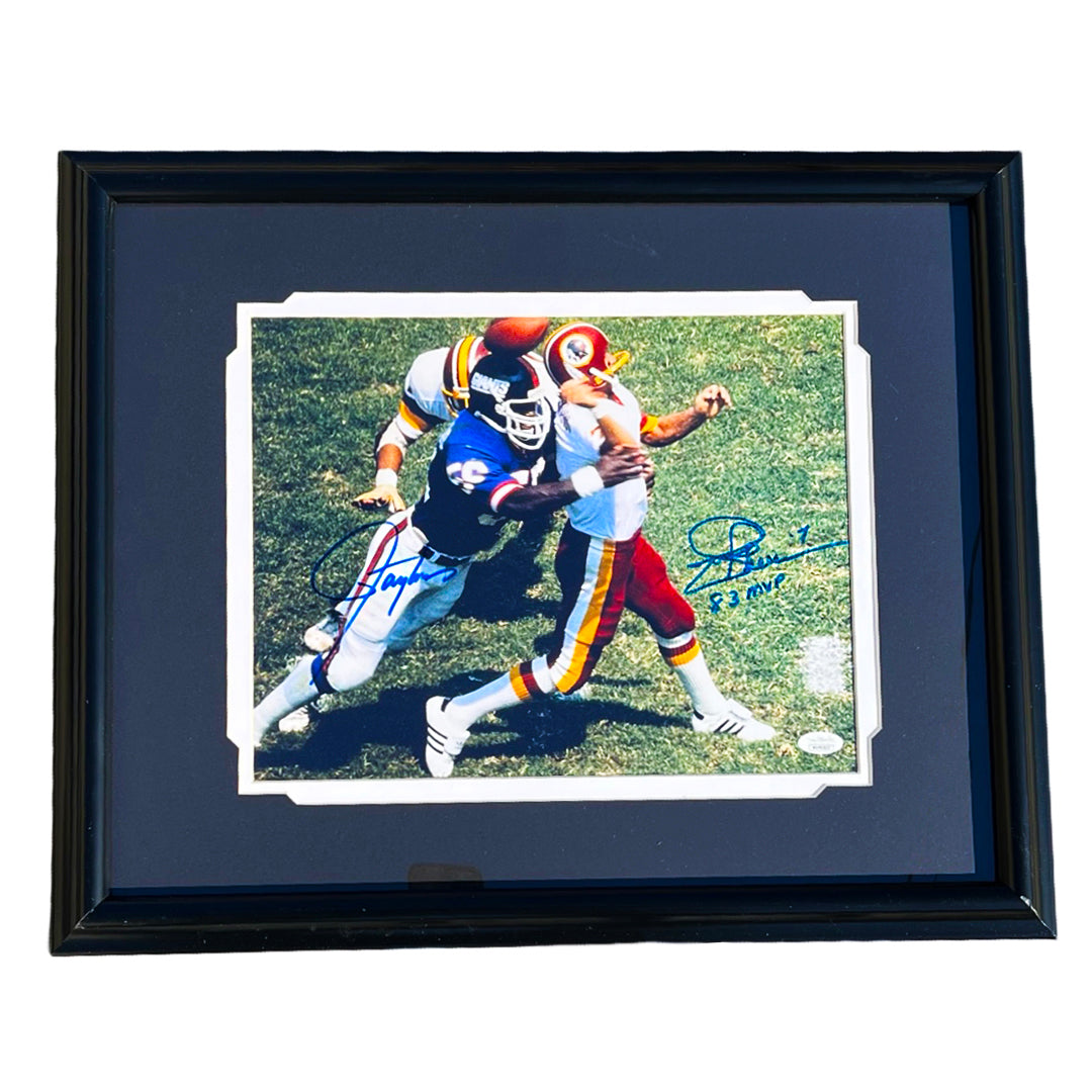 Lawrence Taylor and Joe Theismann Signed 83 MVP Inscription Dual Signed Football Framed 11x14 Photo Pose 1 (JSA)