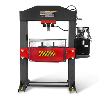 150 Ton H-Frame Electric Hydraulic Shop Press with Double-Acting Cylinder & Chain-Driven Table Lift,  110V Motor,  Fully Welded Steel Frame,  Safety Guard,  HSP150E
