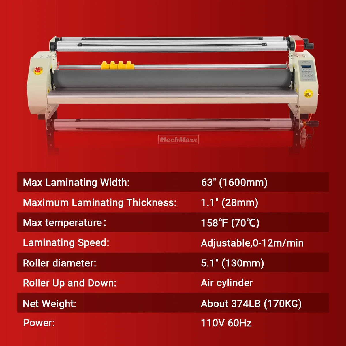 65" Wide Format Full-Auto Cold & Heat Assisted Pneumatic Laminator Machine with 4 Trimmers, Max Speed 40ft/min, 63" Max Width, Infrared Heating, Digital Control Pneumatic Roller Lifting (Requires Air Compressor, Not Included) 1700-B2RED