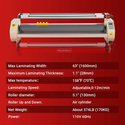 65" Wide Format Full-Auto Cold & Heat Assisted Pneumatic Laminator Machine with 4 Trimmers, Max Speed 40ft/min, 63" Max Width, Infrared Heating, Digital Control Pneumatic Roller Lifting (Requires Air Compressor, Not Included) 1700-B2RED