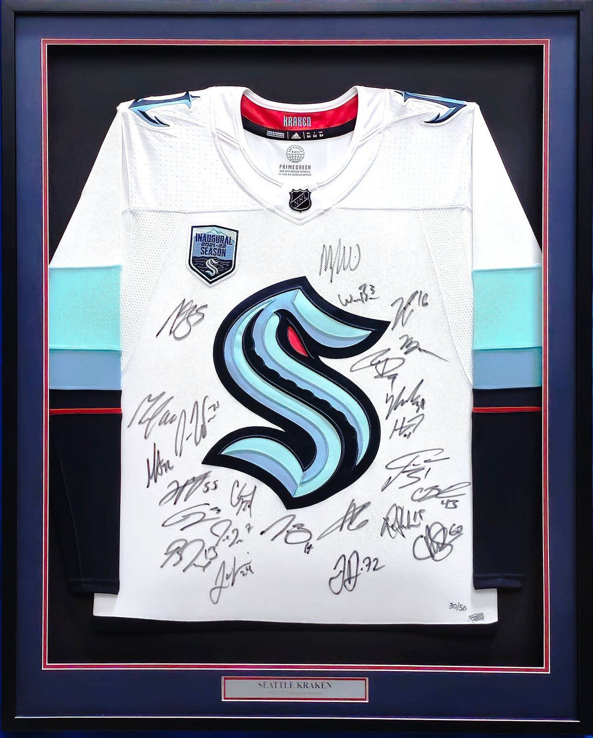 Seattle Kraken 2021-22 Inaugural Season Team Signed Autographed Framed White Adidas Jersey With 24 Signatures Including Jordan Eberle & Jared McCann Fanatics Holo