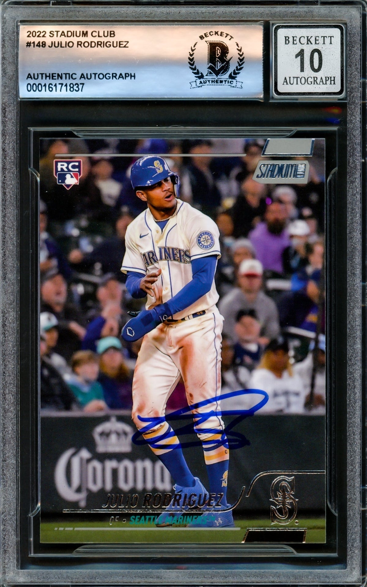 Julio Rodriguez Autographed 2022 Stadium Club Rookie Card #148 Seattle Mariners Auto Grade Gem Mint 10 Beckett BAS #16171837