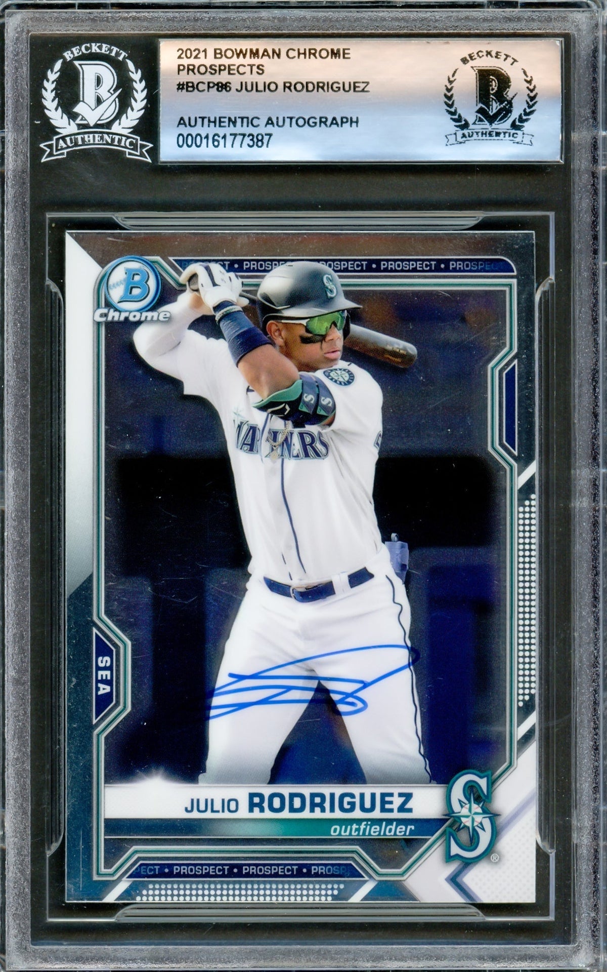 Julio Rodriguez Autographed 2021 Bowman Chrome Prospects Rookie Card #BCP86 Seattle Mariners Beckett BAS #16177387