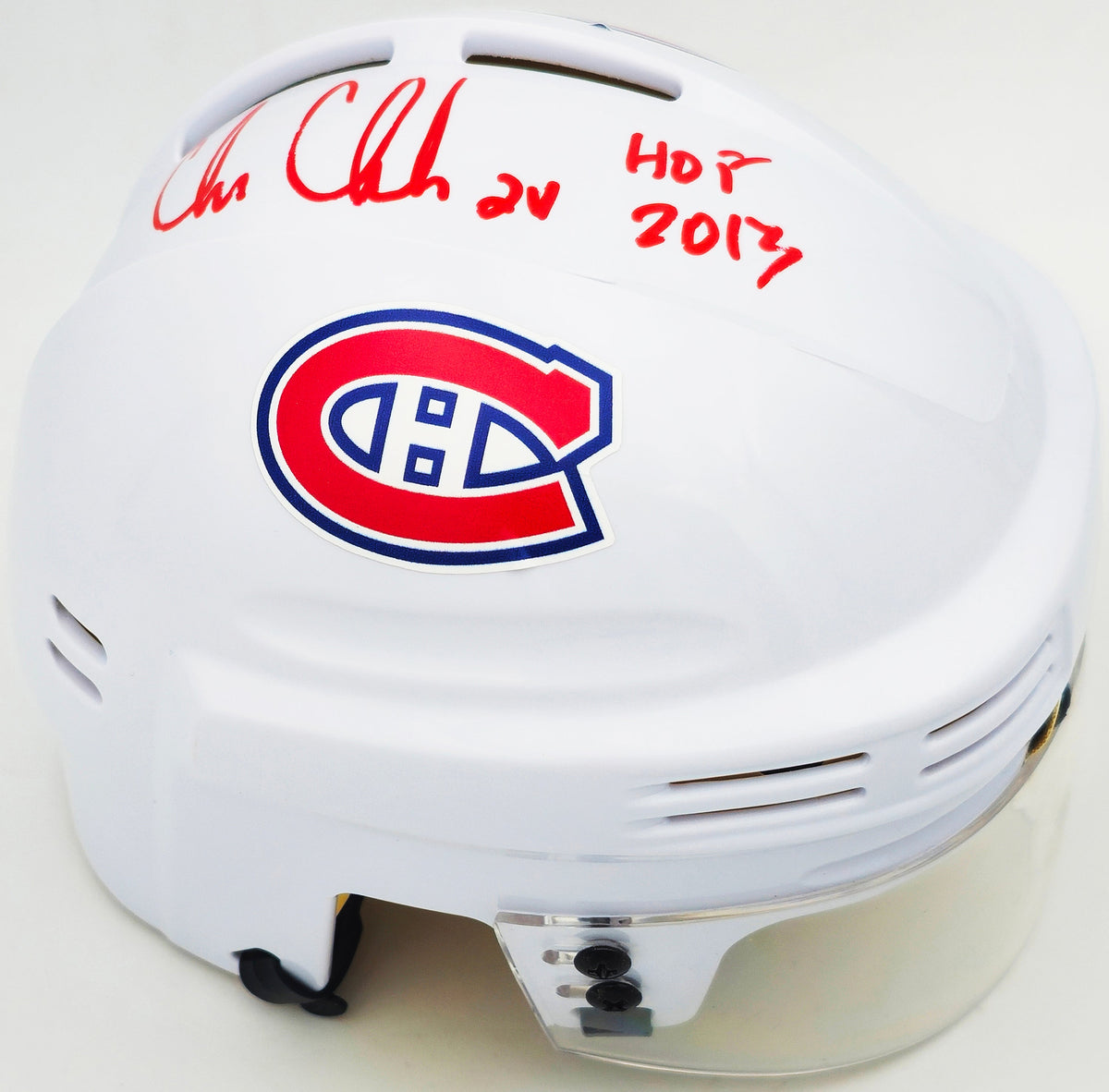 Chris Chelios Autographed Montreal Canadiens White Mini Helmet "HOF 2013" Beckett BAS Witness