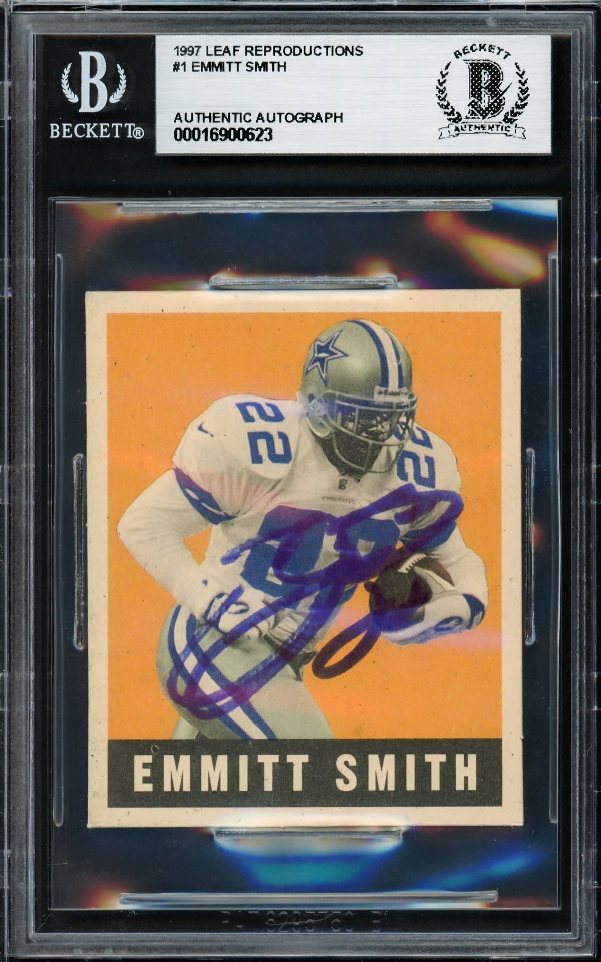 Emmitt Smith Autographed 1997 Leaf Reproductions Card #1 Dallas Cowboys Beckett BAS