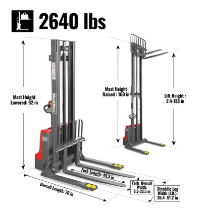 2640lbs Lithium-ion Electric Straddle Stacker,  138" Lift,  Adjustable Legs & Forks,  F26-138S