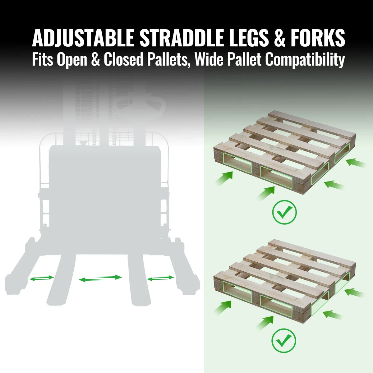 2640lbs Electric Straddle Stacker,  118" Lift,  Adjustable Legs & Forks,  F26-118SLA