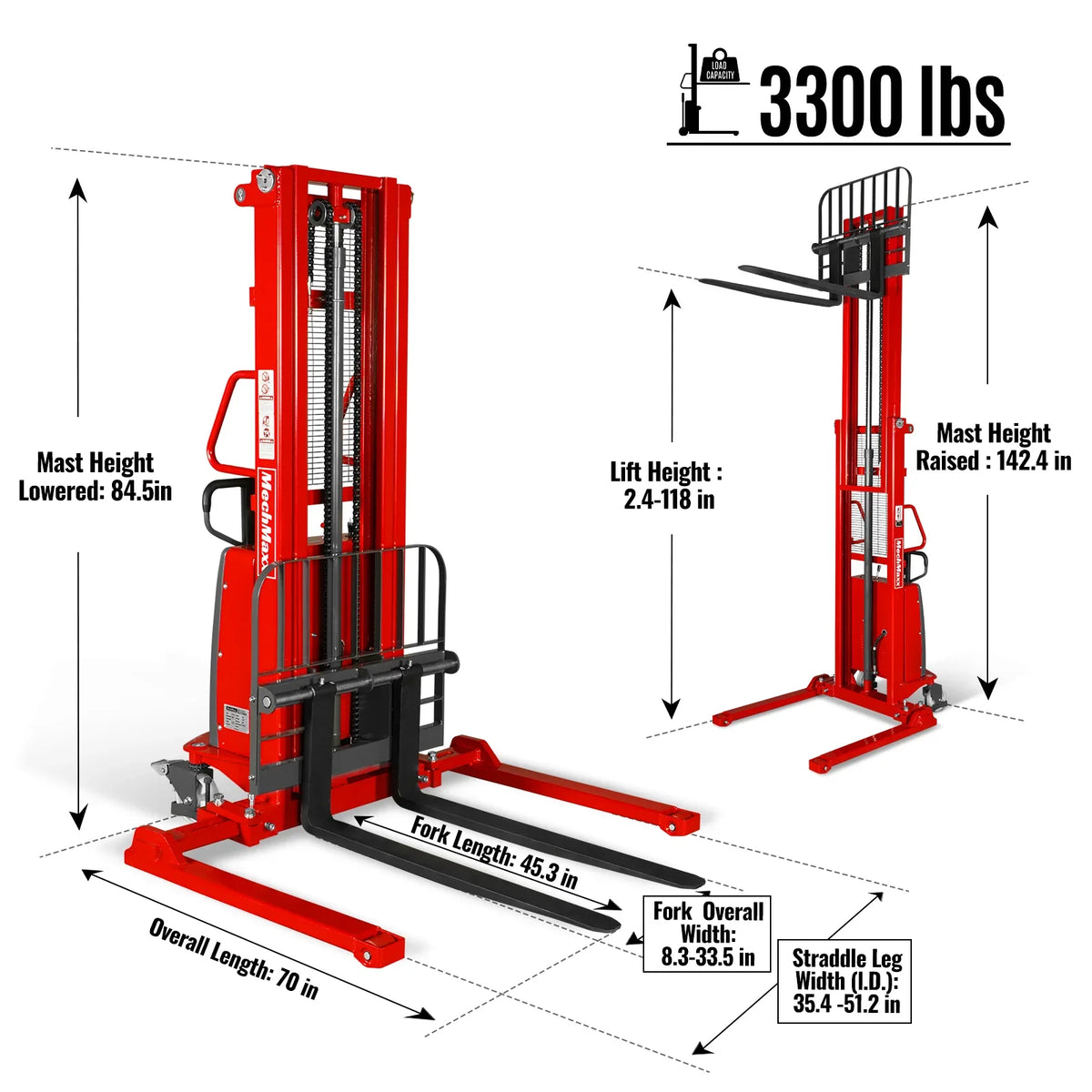 3300lbs Semi-Electric Straddle Stacker,  118" Lift,  Adjustable Legs & Forks,  S33-118S
