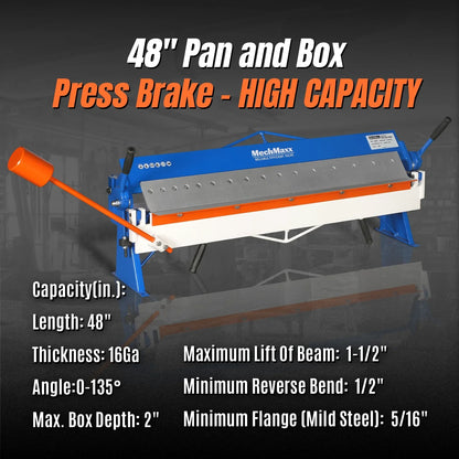 48" Manual Pan and Box Brake - 16 Gauge Mild Steel Capacity, 135° Bending Angle, 16 Precision Fingers, Durable Construction for Accurate Bends"