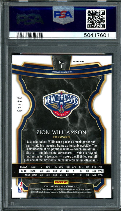 2019-20 Panini Select Zion Williamson Rookie Red Disco /49 PSA 10 Pelicans