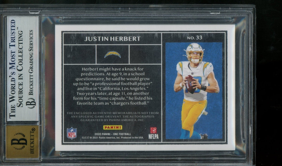 2020 Panini One Justin Herbert Dual Rookie Patch Autograph /99 BGS 9/10 Chargers