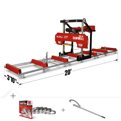 MechMaxx 36" MAX Portable Sawmill,  25HP 688cc HONDA GX690 V-Twin Engine,  35" Board Width,  20' Track Length ( 10 x Blades Included ) SM36HMAX