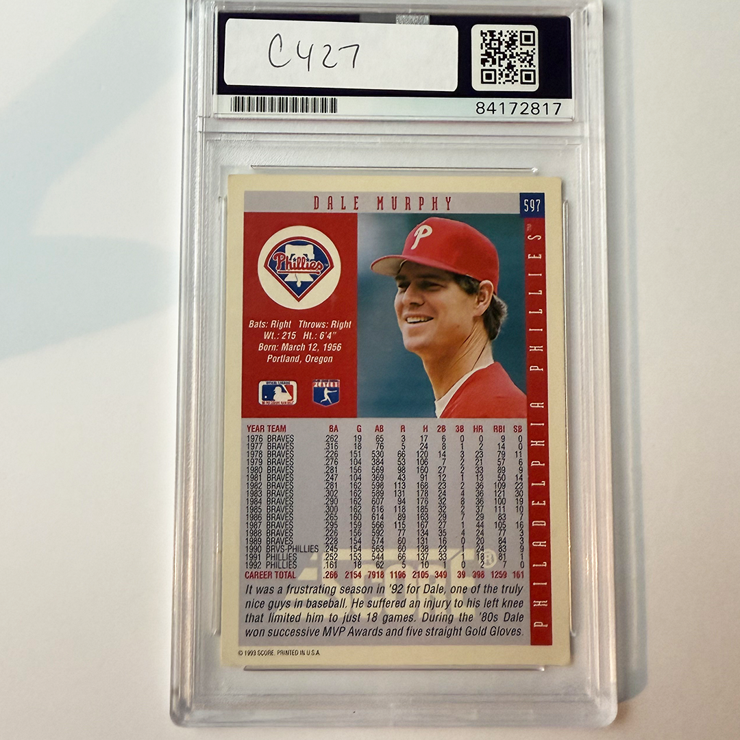 Dale Murphy Signed 1993 Score #597 w/2 Inscriptions PSA Auto Authentic