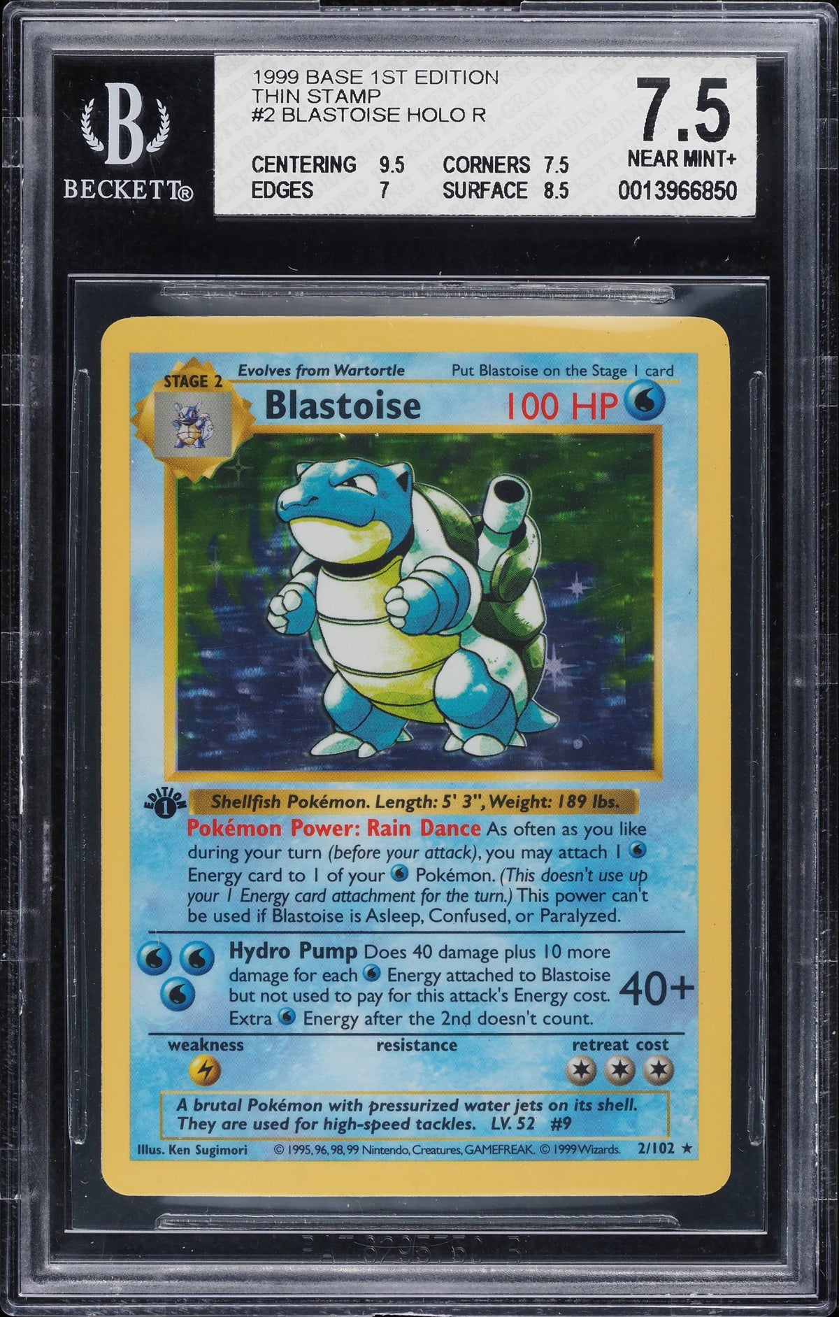 BGS 7.5 (NEAR MINT+) Blastoise Holo R/Thin Stamp 1999 Pokemon Base 1st Edition (#0013966850)
