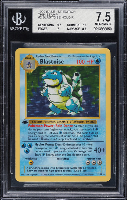 BGS 7.5 (NEAR MINT+) Blastoise Holo R/Thin Stamp 1999 Pokemon Base 1st Edition (#0013966850)