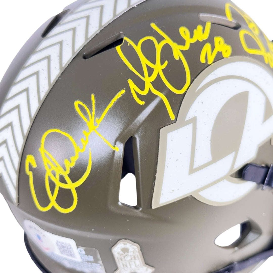 Marshall Faulk, Jerome Bettis & Eric Dickerson Signed Los Angeles Rams Salute to Service Mini Football Helmet (Beckett)