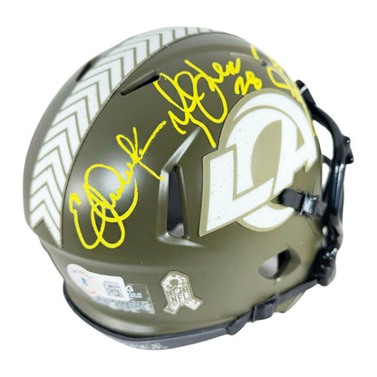 Marshall Faulk, Jerome Bettis & Eric Dickerson Signed Los Angeles Rams Salute to Service Mini Football Helmet (Beckett)