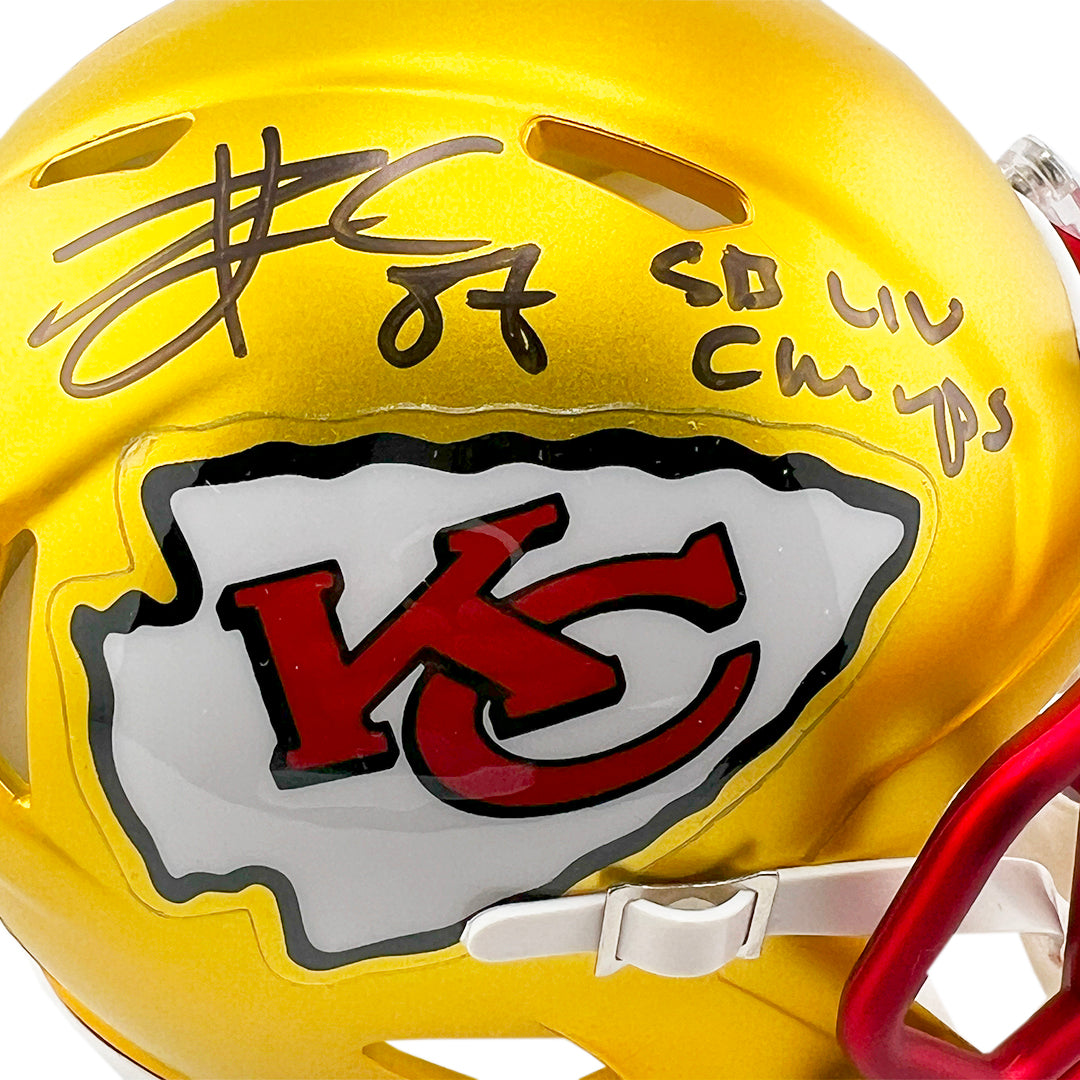Travis Kelce Signed SB LIV Champs Inscription Kansas City Chiefs Blaze Mini Football Helmet (Beckett)