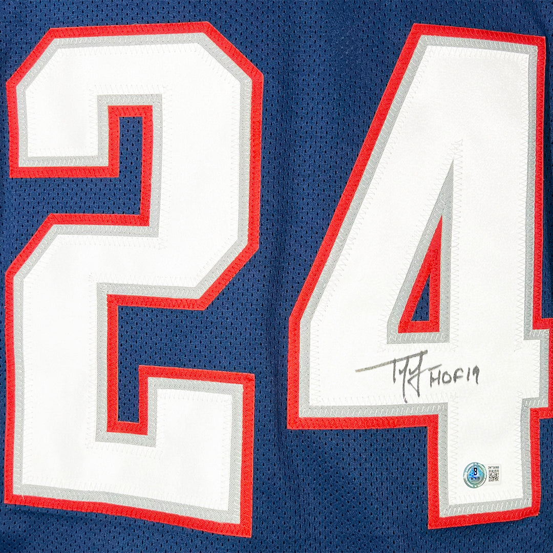 Ty Law Signed HOF 19 Inscription New England Navy Football Jersey (Beckett)