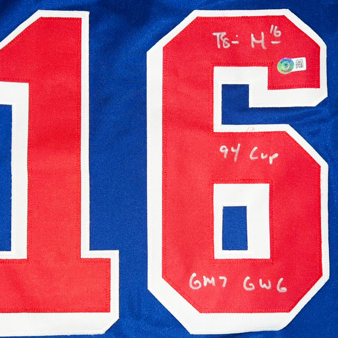 Brian Noonan Signed 94 Cup - GM 7 GWG Inscription New York Blue Hockey Jersey (Beckett)