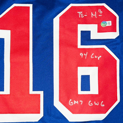 Brian Noonan Signed 94 Cup - GM 7 GWG Inscription New York Blue Hockey Jersey (Beckett)
