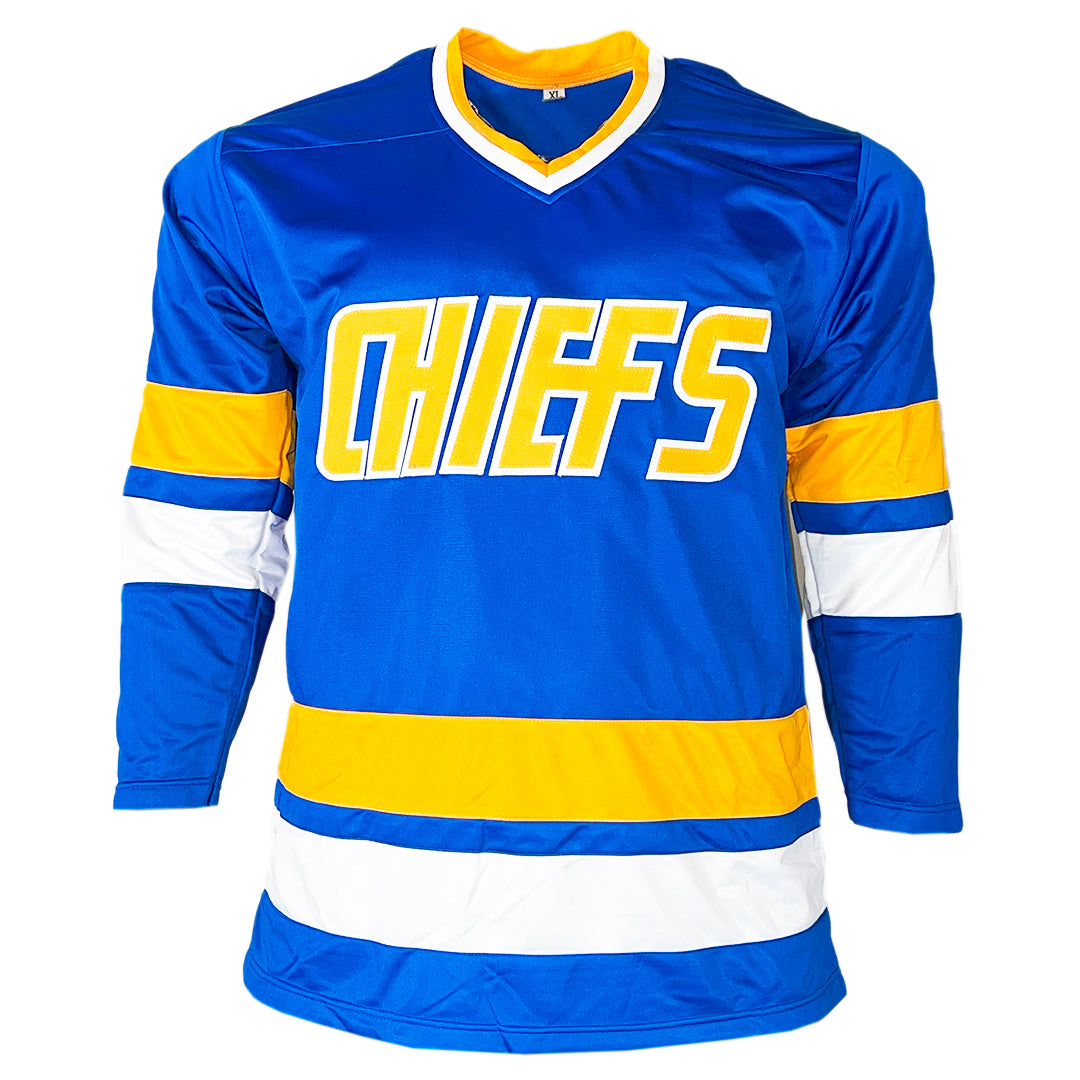 Slap shot Movie Signed Three Signature Old Time Hockey Inscription Blue Hockey Jersey (Beckett)