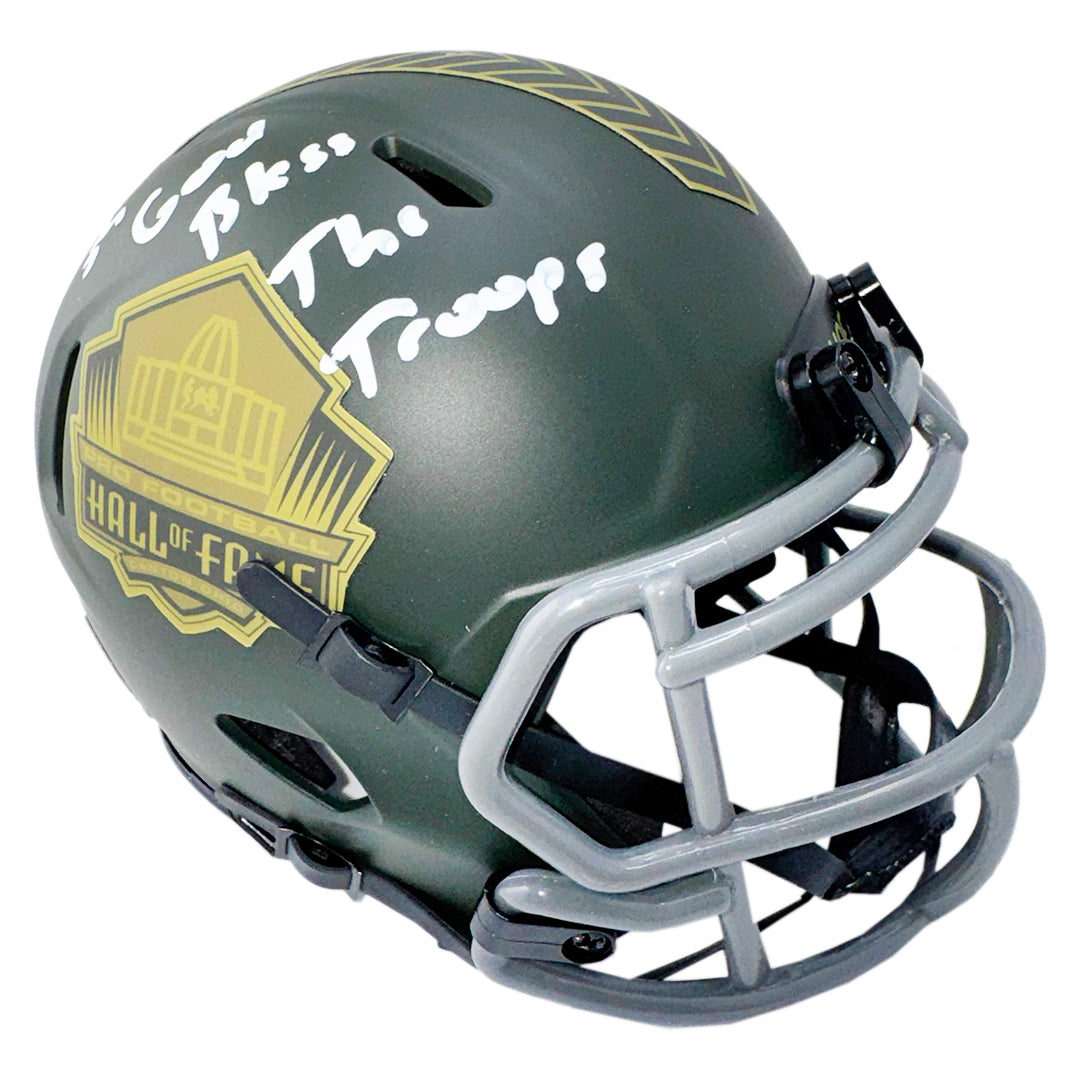 Brian Urlacher Signed God Bless the Troops Inscription Hall of Fame Salute 2025 Mini Football Helmet (Beckett)